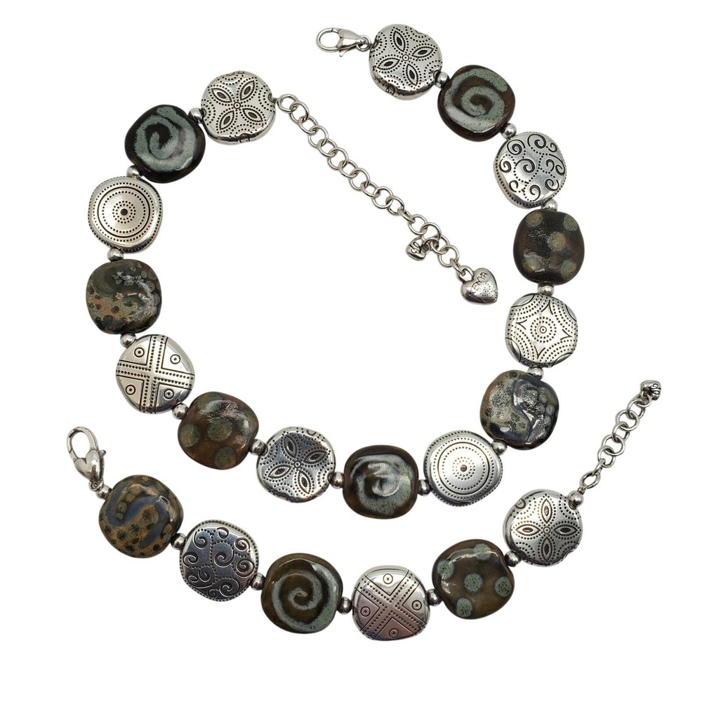 Brighton Kazuri Necklace & Bracelet Boho Tribal Beads Ceramic Silver Tone Beads